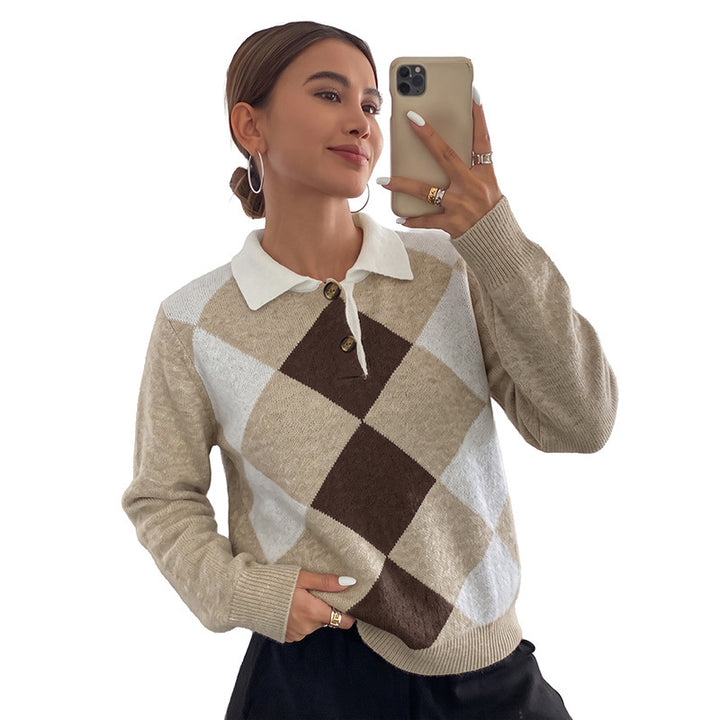 Damen Elegante Strickbluse mit Polo-Kragen und Karomuster Echo Archiv