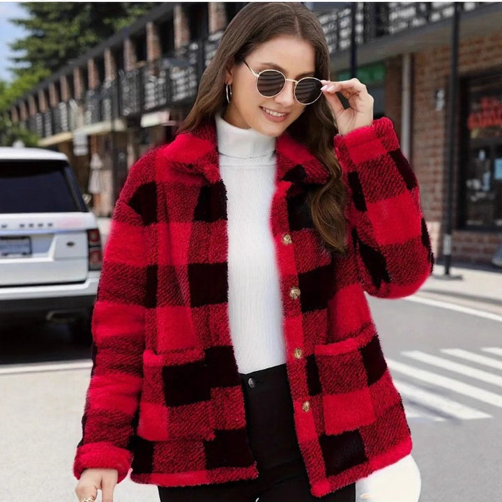 Damen nan gefütterte Karo Teddy-Fleece Shacket mit Knopfleiste und aufgesetzten Taschen Echo Archiv