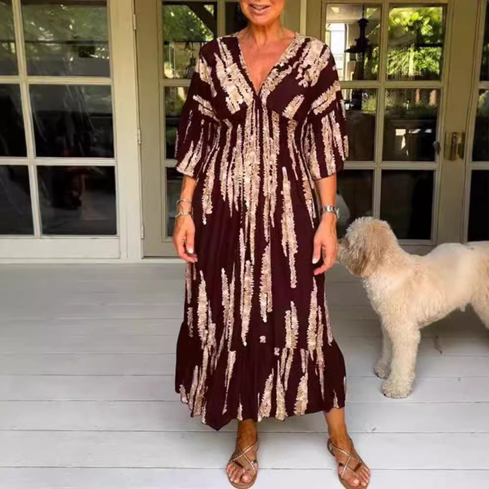 Damen nan Maxikleid mit V-Ausschnitt, vertikalem Pinselprint, geraffter Unterbrustnaht und stufigem Volantrock Echo Archiv