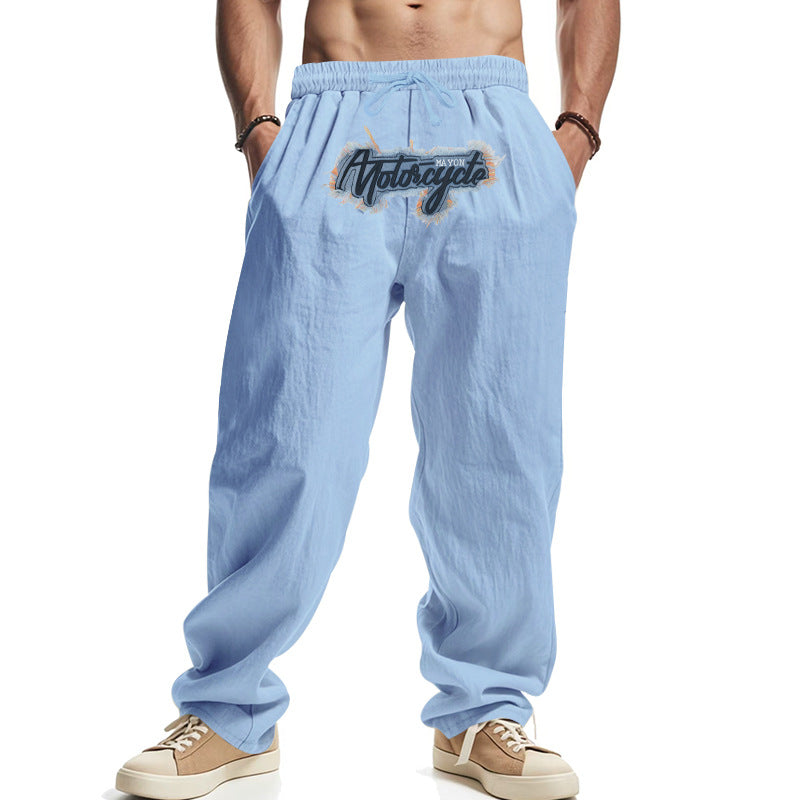 Herren Locker sitzende Leinenoptik-Relaxhose mit elastischem Bund, Kordelzug & Frontprint – Sorevano