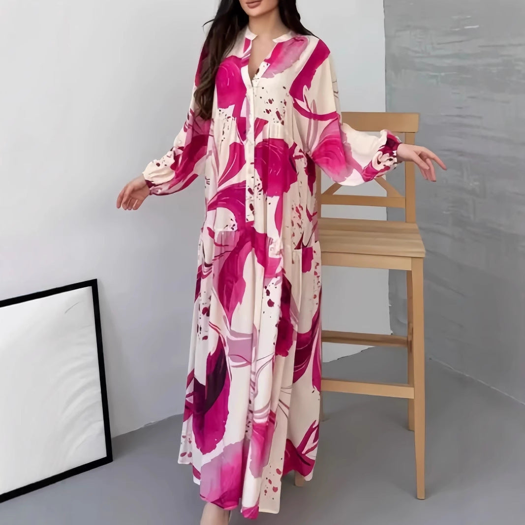 Damen Fließendes Maxikleid mit Stufenrock, überschnittenen Ballonärmeln und Stehkragen – Valéora