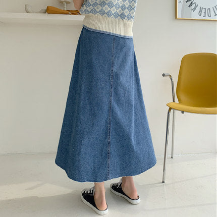 Damen Langer Jeans-Culotte-Rock mit hoher Taille, kastiger A-Linien-Silhouette und Eingrifftaschen – Dénora