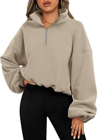 Damen nan kurz geschnittenes Halbzip-Sweatshirt mit hohem Stehkragen, Ballonärmeln und elastischem Saum Echo Archiv