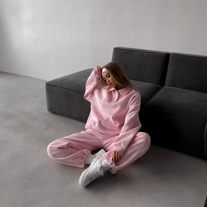 Damen Casual-Set aus schwerem French-Terry mit Polokragen-Cropped-Sweater und weitem High-Waist-Sweathose – Avérine