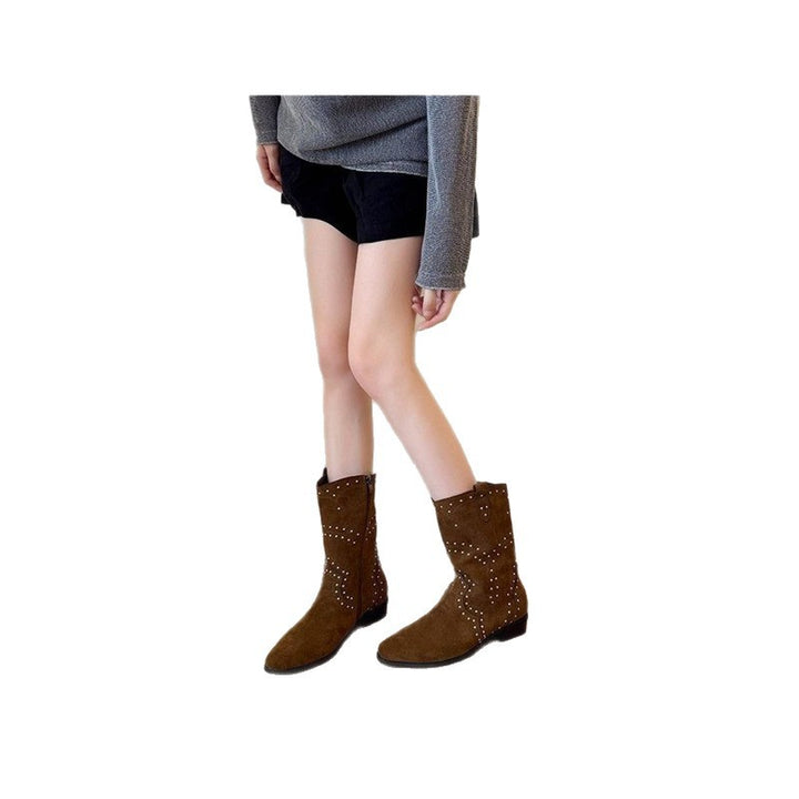 Damen Western-Ankleboots aus Veloursleder mit Nietenbesatz und seitlichem Reißverschluss – Varelle