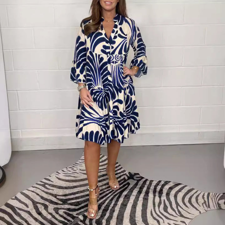 Damen-Tellerkleid mit großem Blattdruck, V-Ausschnitt und Dreiviertelärmeln – Valéora