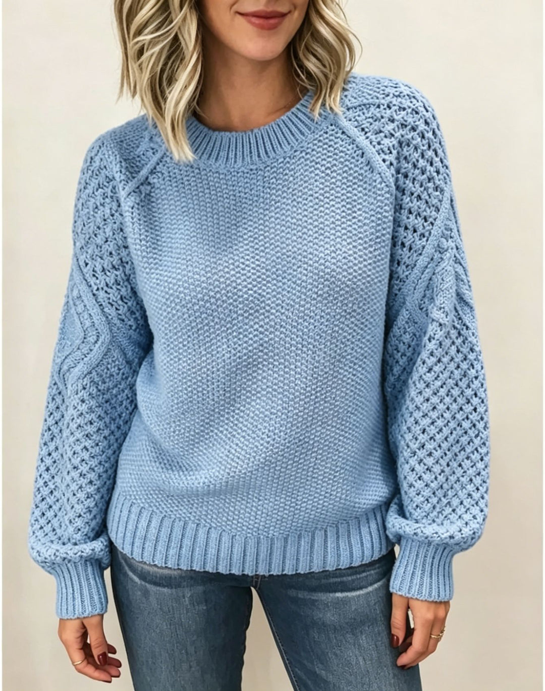 Damen Grobgestrickter Rundhals-Pullover mit Ajour- und Zopfmusterärmeln – Mavelle