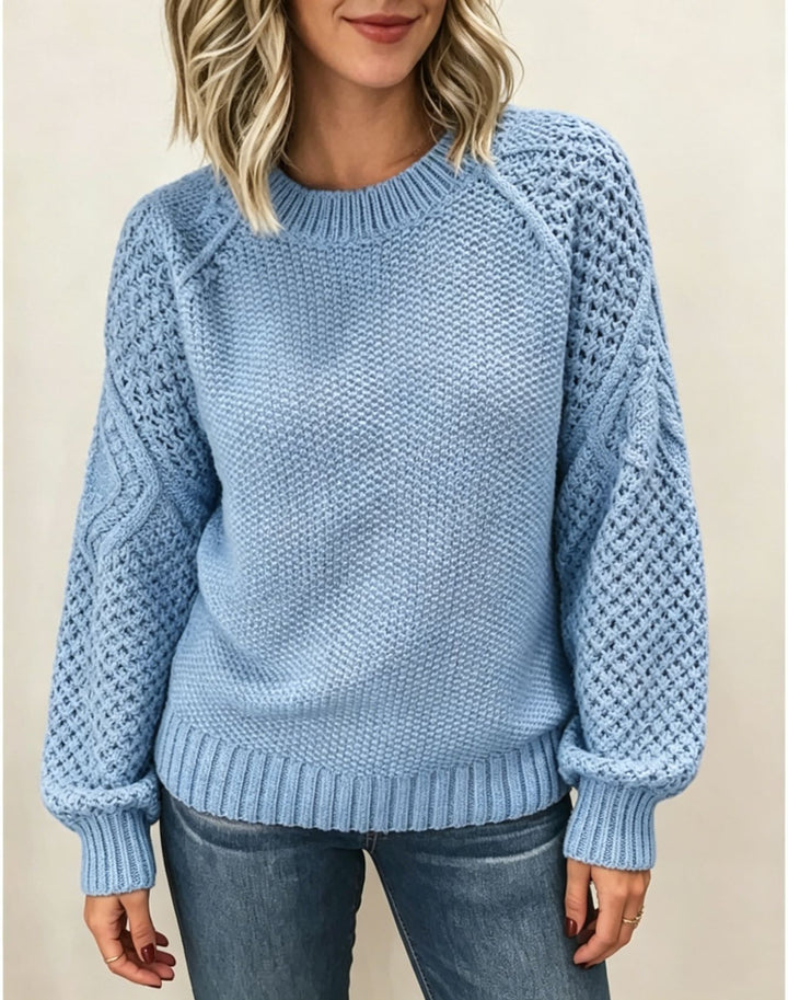 Damen Grobgestrickter Rundhals-Pullover mit Ajour- und Zopfmusterärmeln – Mavelle