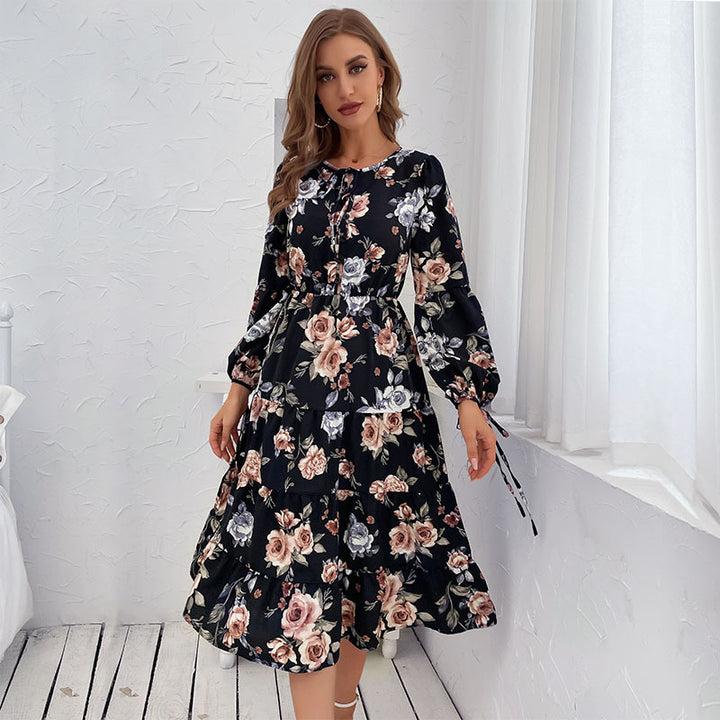 Damen Blumiges Stufen-Midikleid mit Taillenschnürung und Ballonärmeln – Élara