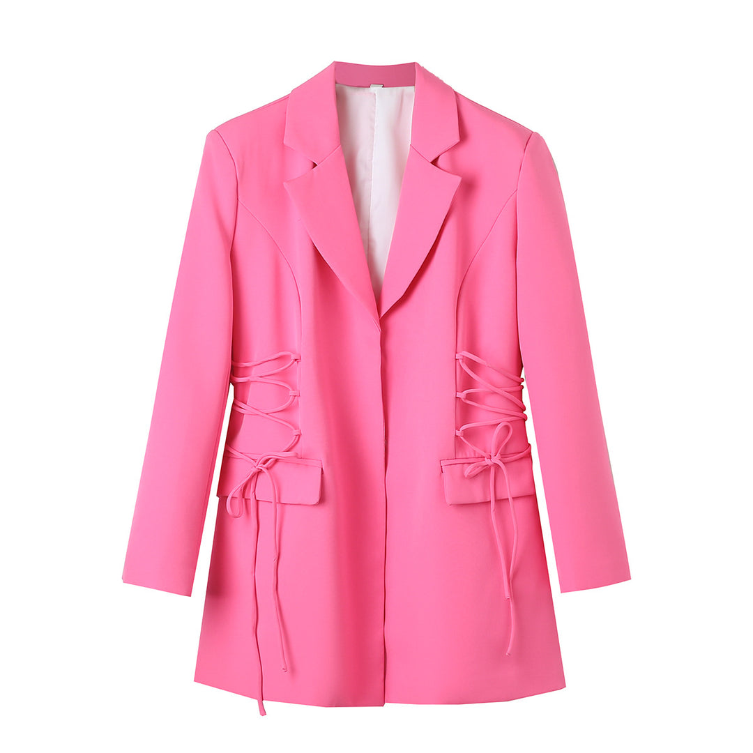 Damen taillierter Longblazer mit seitlicher Schnürung und Pattentaschen – Célinea