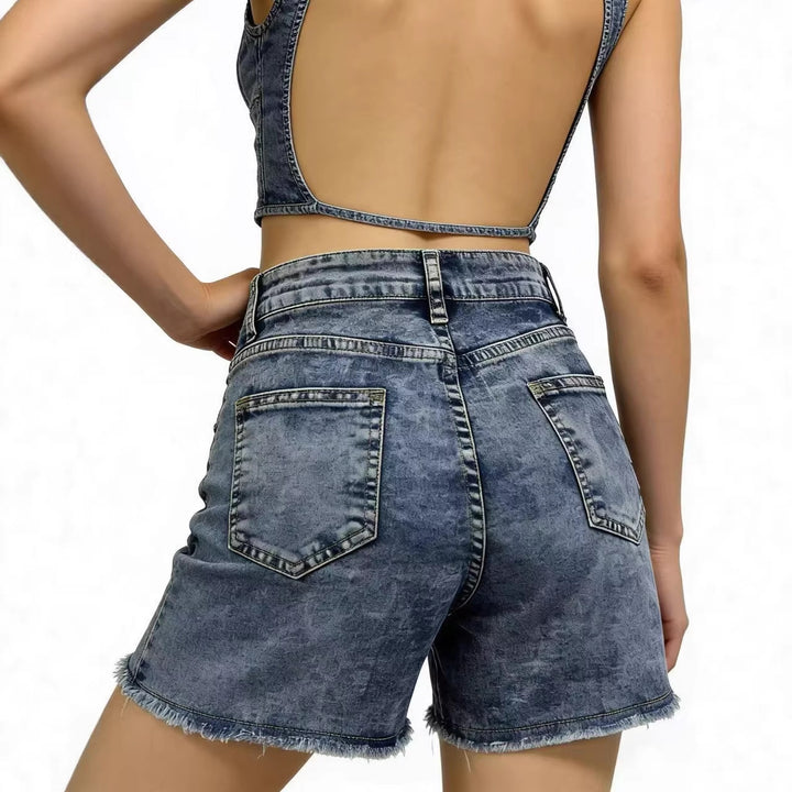 Damen modische Denim-Shorts im lässigen Schnitt mit fransigem Saum Echo Archiv