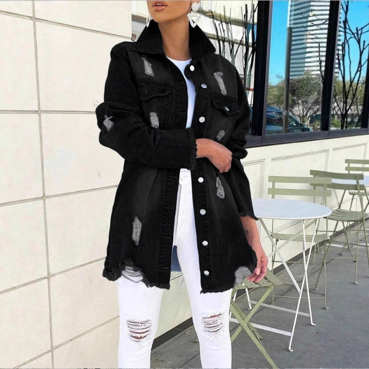 Damen Longline-Denimjacke mit Destroyed-Details und Fransenabschluss Echo Archiv
