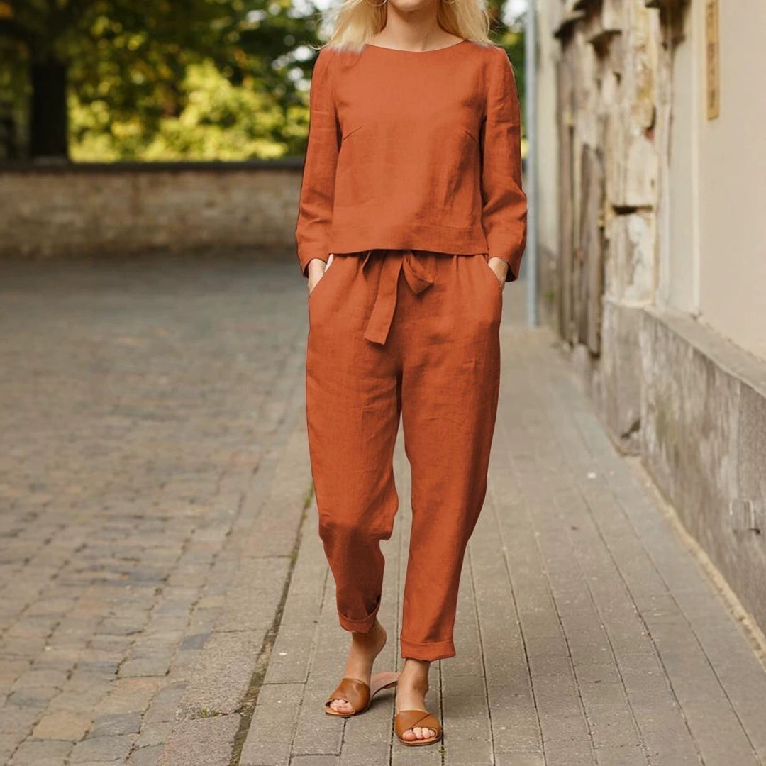 Damen Lässiges Leinen-Loungewear-Set mit Rundhalsausschnitt, Bindegürtel und knöchellanger Hose – Élanora