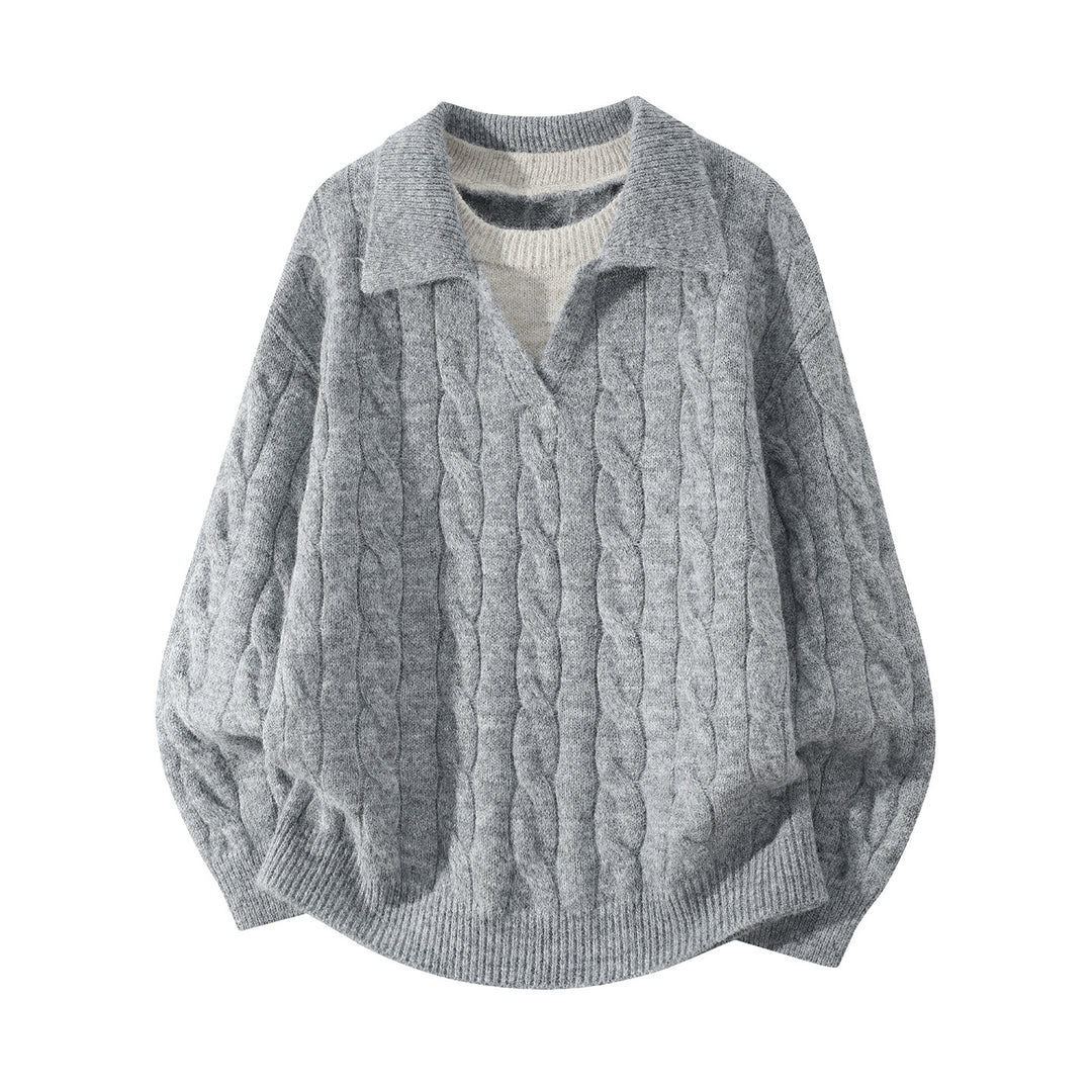 Damen Oversize Zopfmuster-Pullover mit offenem Polokragen & Layer‑Look Echoarchiv