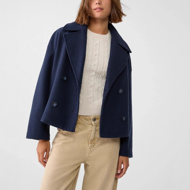 Damen nan kurz geschnittener Zweireiher Wollmix-Peacoat mit überbreitem Revers und kastiger Silhouette Echo Archiv