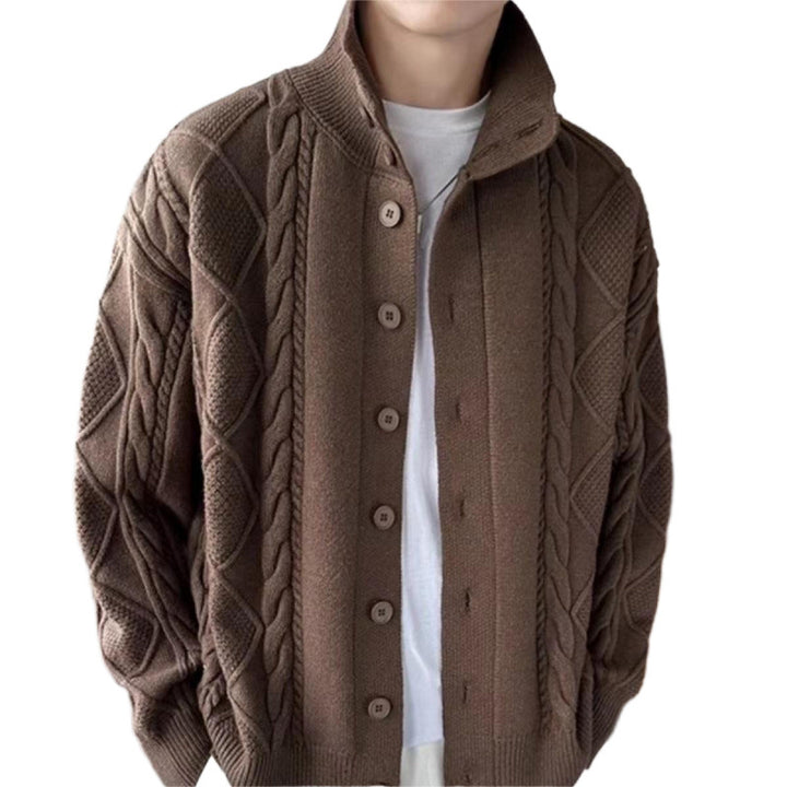 Herren Lockere Strick-Cardigan mit hohem Stehkragen und Zopfmuster Echoarchiv