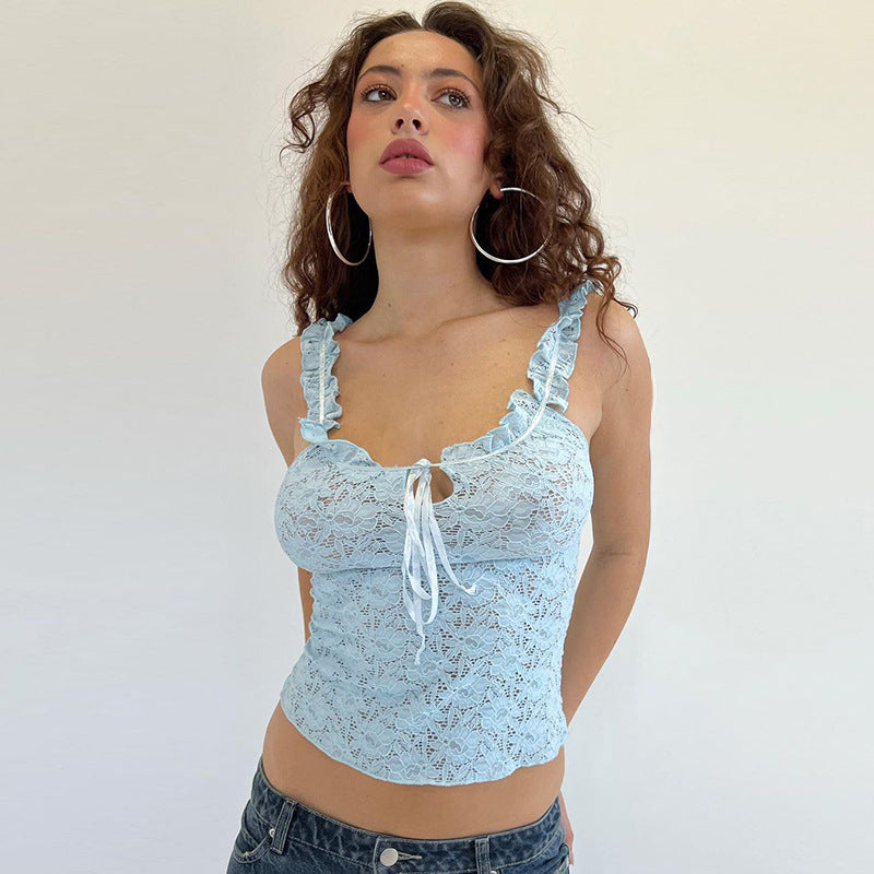 Damen Spitzenoberteil mit Rüschendetails und Bindegürtel Echo Archiv