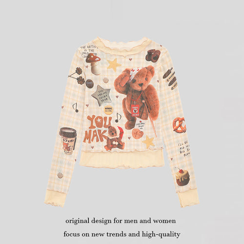 Damen Langarm Mesh-Top mit Teddy-Print und Lagenoptik Echoarchiv