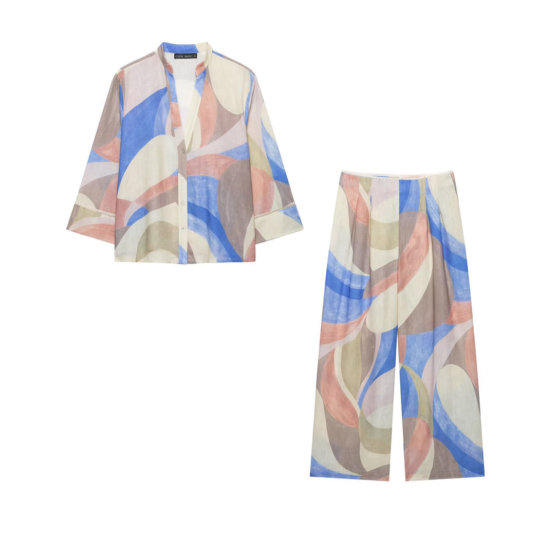 Damen Weite Leinenhose mit abstraktem Aquarellprint und hoher Taille Echo Archiv