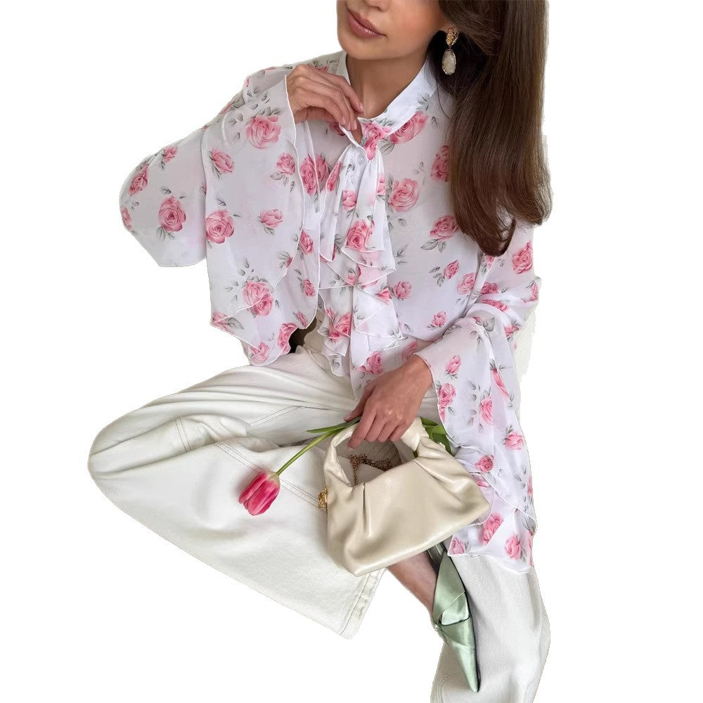 Damen Chiffon-Bluse mit Rosendruck, Volantstufen und Glockenärmeln Echoarchiv