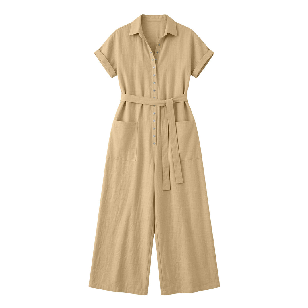 Damen Hemdblusen-Jumpsuit mit weitem Bein, Aufgesetzten Taschen und Bindegürtel – Élovi