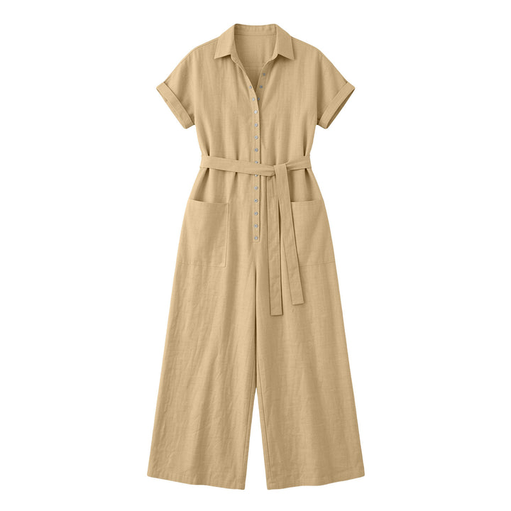 Damen Hemdblusen-Jumpsuit mit weitem Bein, Aufgesetzten Taschen und Bindegürtel – Élovi