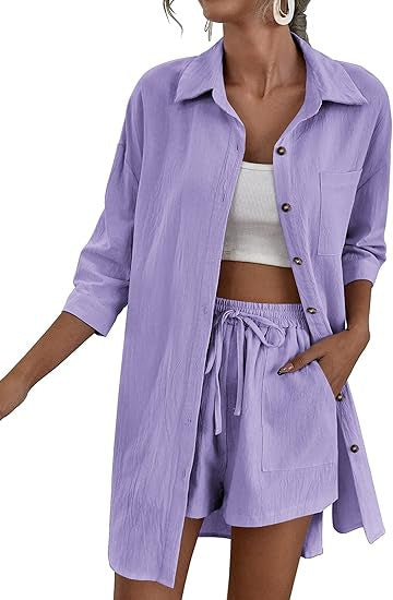 Damen Leichtes Longline-Hemdjacken-Set mit elastischer High-Waist-Shorts – Élanora