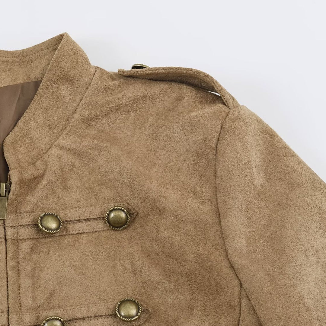 Damen kurz geschnittene Kavallerie-Jacke aus Wildlederoptik mit Zierknopfleiste und Schulterpatten Echo Archiv
