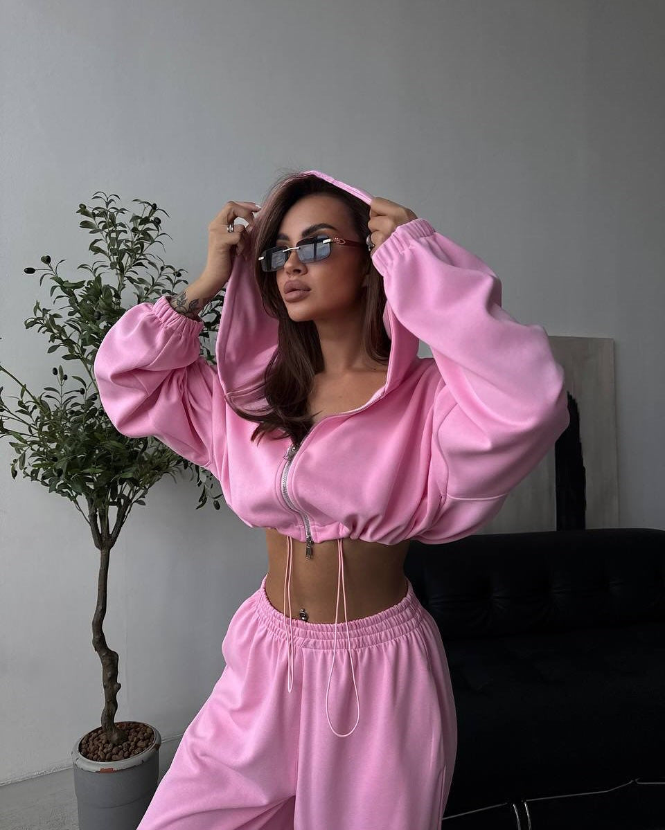 Damen nan kurzes Reißverschluss-Cropped-Hoodie und weitgeschnittene Highwaist-Loungehose Set Echo Archiv