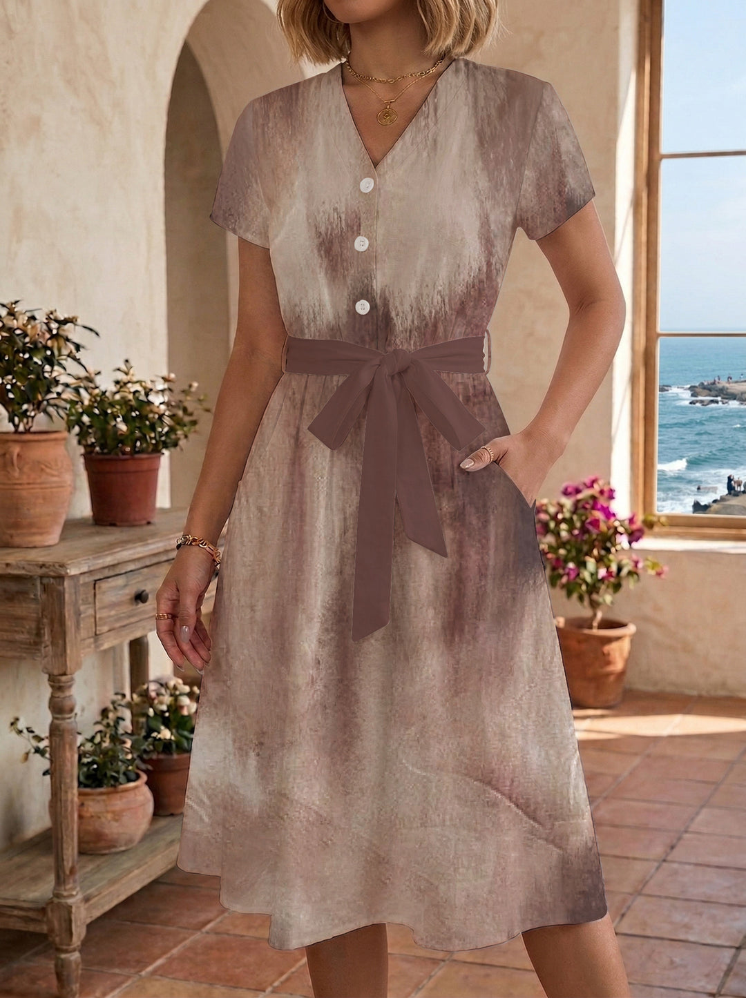 Damen Blühendes Midikleid mit taillierbarem Gürtel und kunstvollem Print Echo Archiv