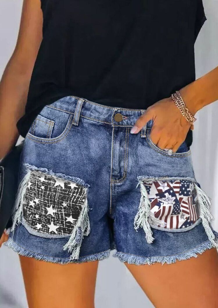 Damen Destroyed Denim-Shorts mit fransigen Taschen und modischen Aufnähern Echo Archiv