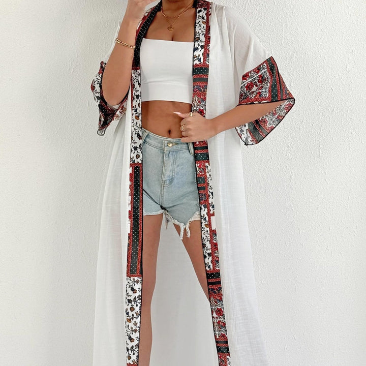 Damen eleganter, leichter Kaftan mit buntem Häkelbesatz Echo Archiv