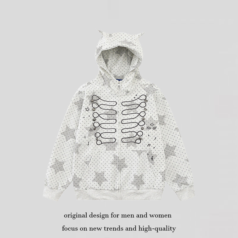 Damen Kapuzen‑Sweatjacke mit 3D‑Ohrenapplikationen, durchgehendem Reißverschluss und verspieltem Militär‑Illustrationsprint Echoarchiv