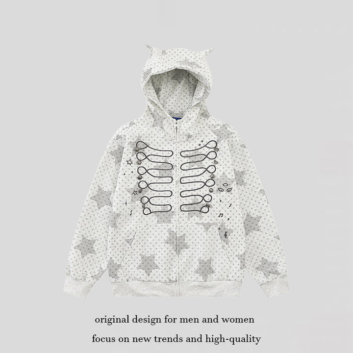 Damen Kapuzen‑Sweatjacke mit 3D‑Ohrenapplikationen, durchgehendem Reißverschluss und verspieltem Militär‑Illustrationsprint Echoarchiv