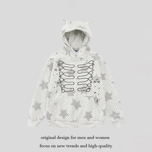 Damen Kapuzen‑Sweatjacke mit 3D‑Ohrenapplikationen, durchgehendem Reißverschluss und verspieltem Militär‑Illustrationsprint Echoarchiv