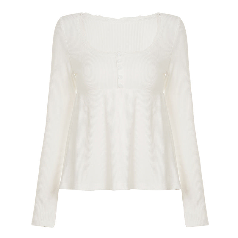 Damen nan geripptes Langarm-Top mit Empire-Taille, zierlicher Knopfleiste und Spitzenbesatz Echo Archiv