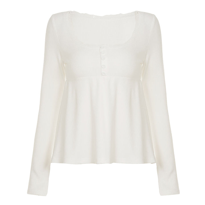 Damen nan geripptes Langarm-Top mit Empire-Taille, zierlicher Knopfleiste und Spitzenbesatz Echo Archiv