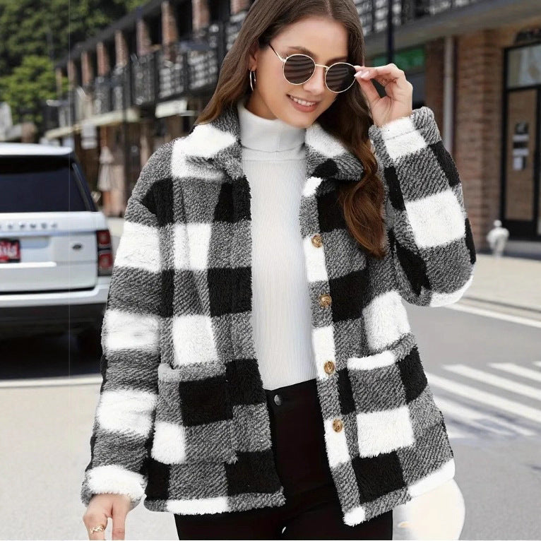 Damen nan gefütterte Karo Teddy-Fleece Shacket mit Knopfleiste und aufgesetzten Taschen Echo Archiv