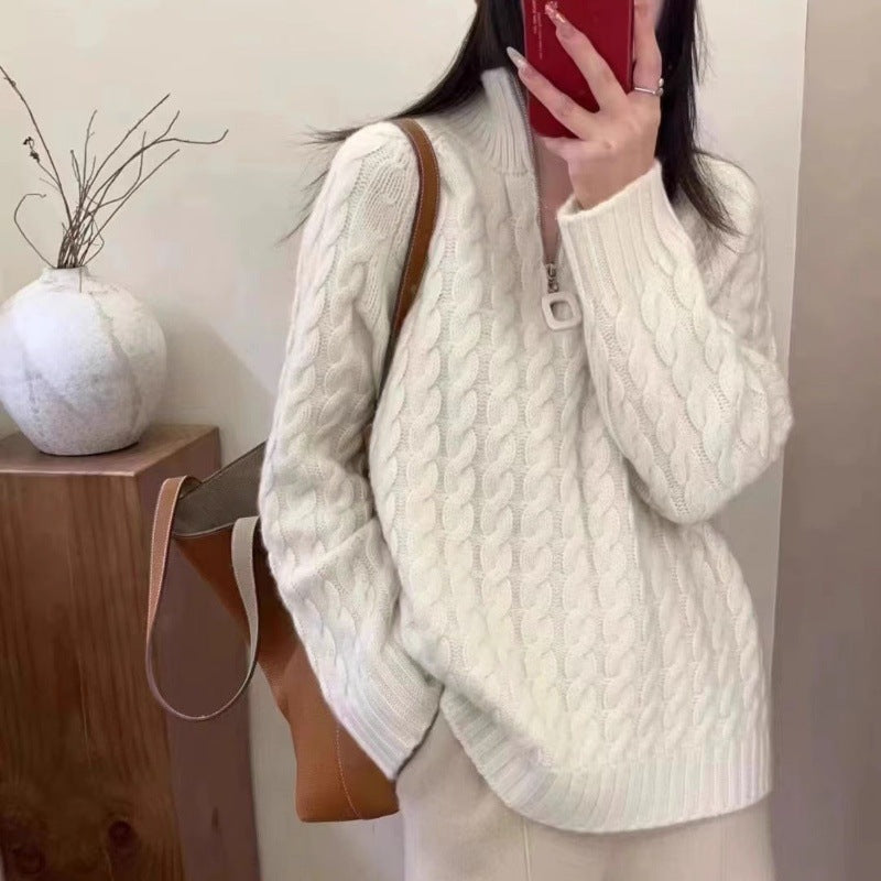 Damen Oversize Zopfmuster-Feinstrickpullover mit halbem Zipper und Stehkragen Echoarchiv