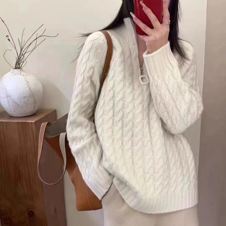 Damen Oversize Zopfmuster-Feinstrickpullover mit halbem Zipper und Stehkragen Echoarchiv