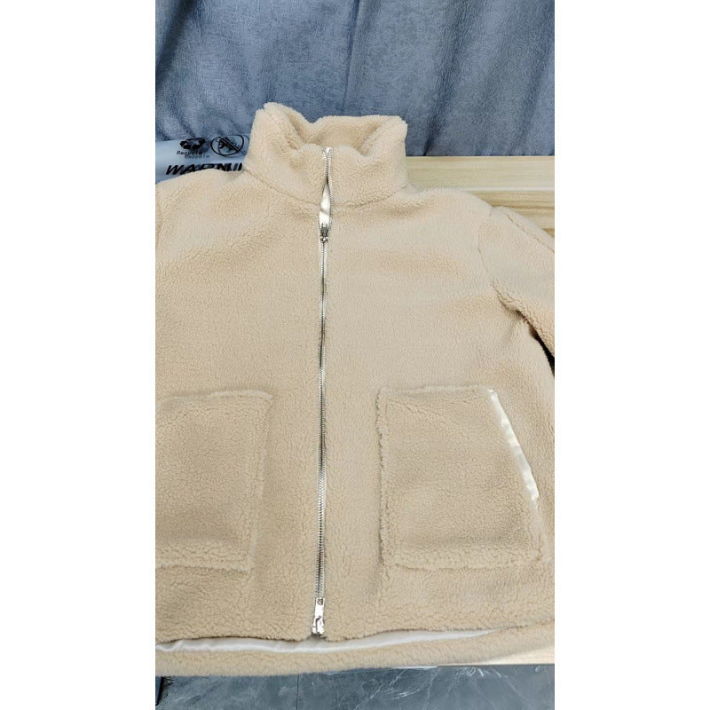 Damen Kuschelige Teddyfelljacke mit hohen Kragen und Reißverschluss Echoarchiv