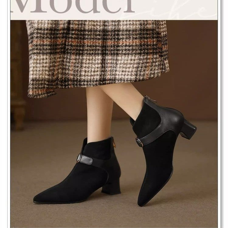 Damen elegante spitze Velours-Ankle-Boots mit mittelhohem Blockabsatz und Zierspange – Varelle