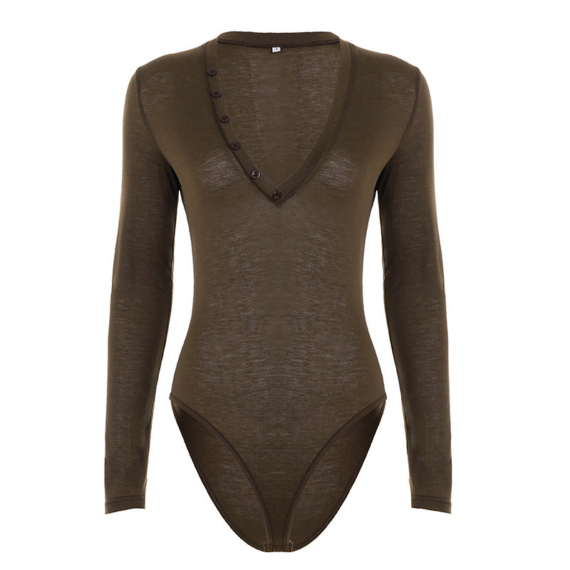 Damen figurbetonter Langarmbody mit elegantem V-Ausschnitt und Druckknopfdetail Echo Archiv