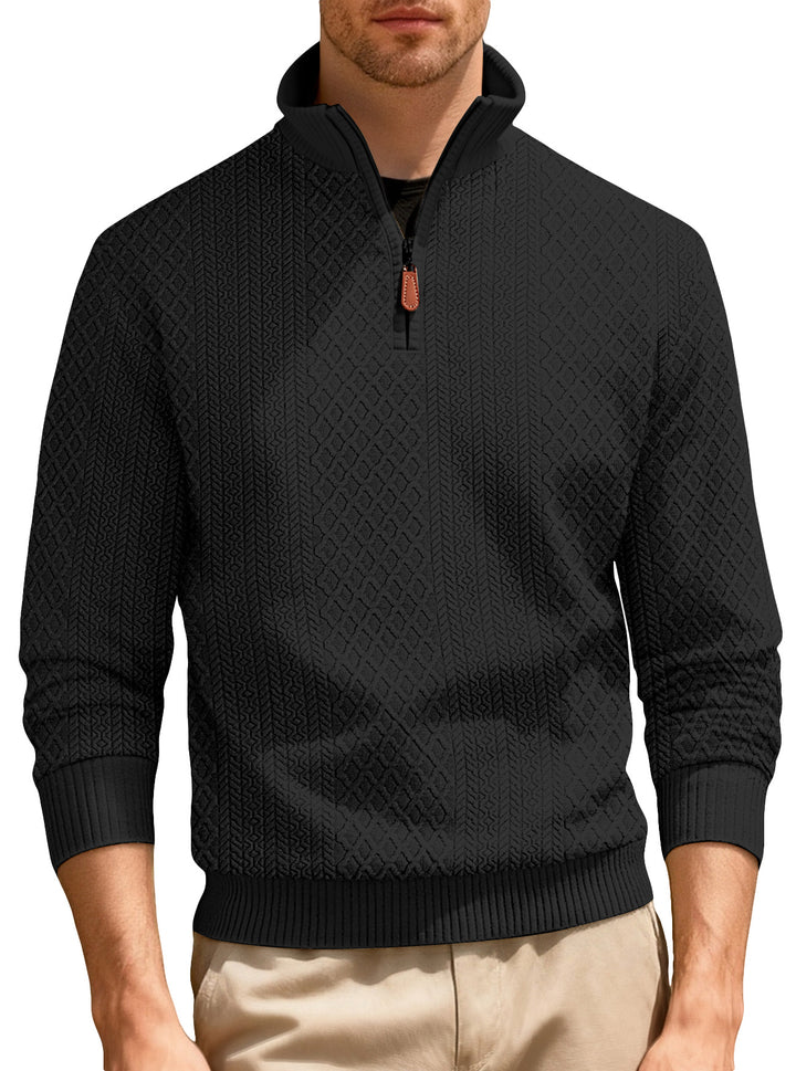 Herren nan feinstrukturierter Halbzip-Pullover im Jacquard-Relief mit hohem Stehkragen und Leder-Zipper Echo Archiv