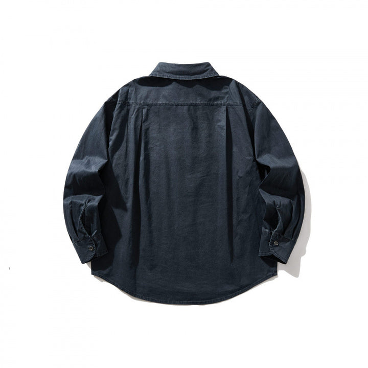 Unisex Oversize-Denim-Hemdjacke mit kastiger Silhouette, Brusttasche und gerundetem Saum Echo Archiv