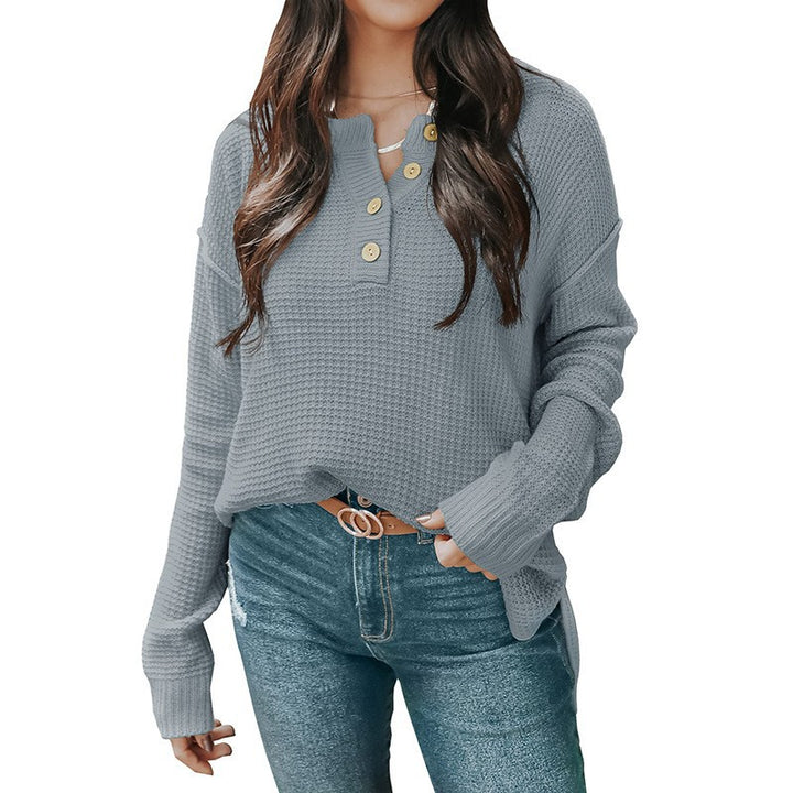 Damen nan lockerer Waffelstruktur Henley Pullover mit Knopfleiste und überschnittener Schulter Echo Archiv