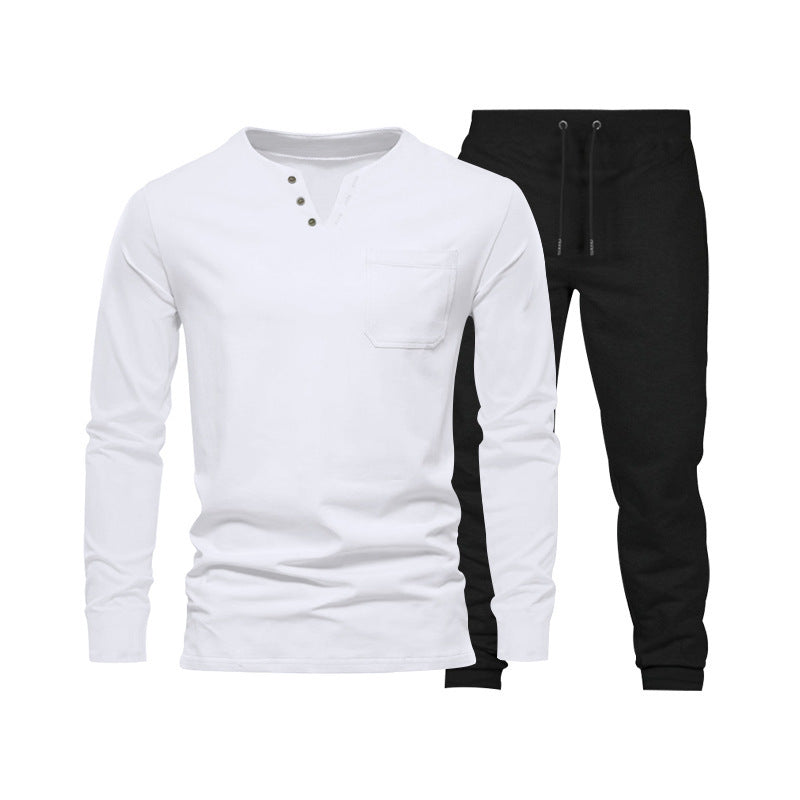 Herren Langarm‑Henley Loungewear‑Set mit Brusttasche und tapered Jogginghose – Marzano