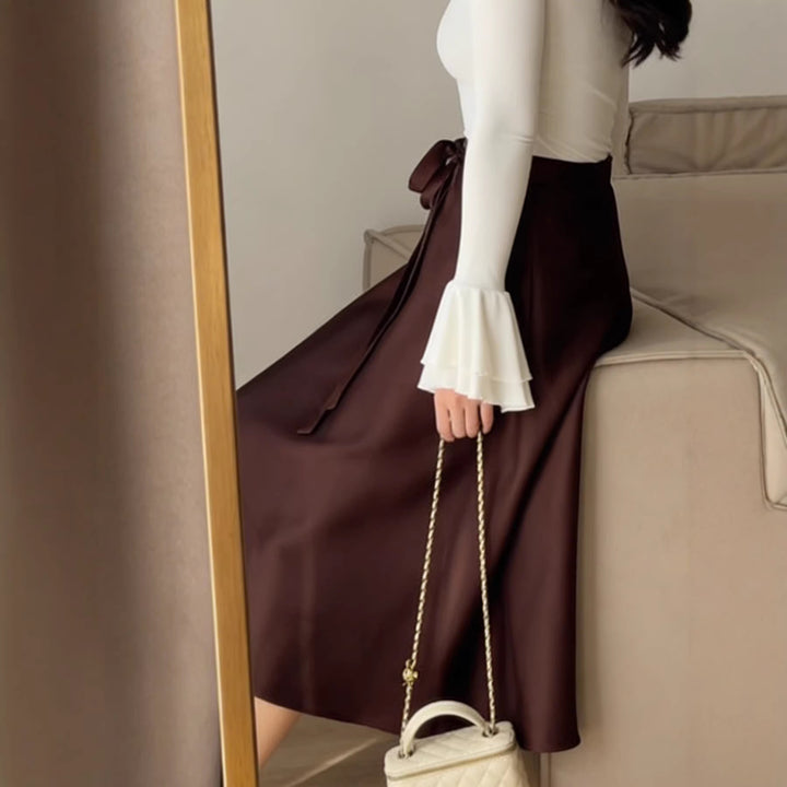 Damen Hochtaillierter A-Linien Midirock mit Bindegürtel und Satin-Finish – Avérine