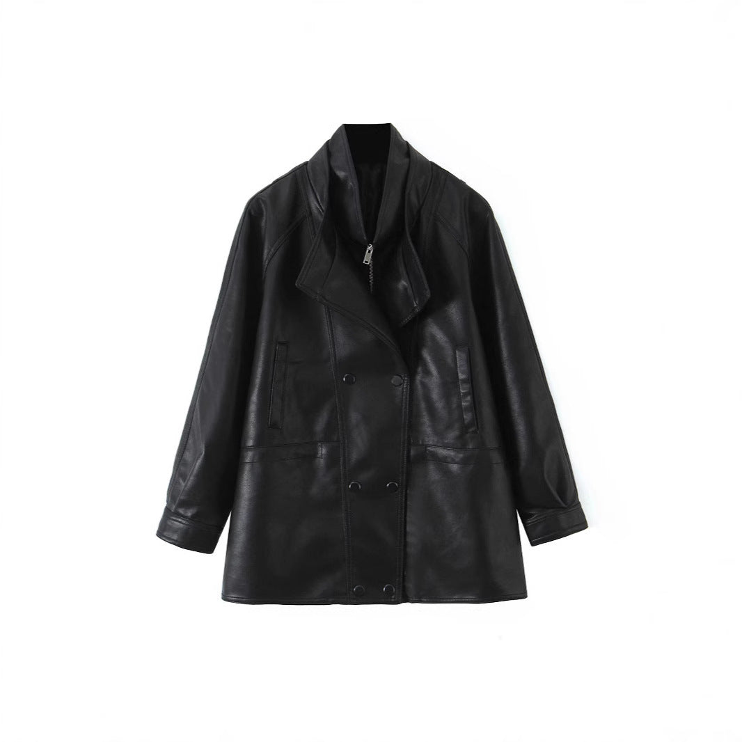 Damen Oversized Kunstlederjacke mit hohem Stehkragen und doppelreihiger Knopfleiste Echo Archiv