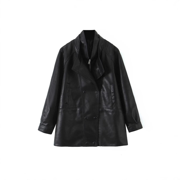 Damen Oversized Kunstlederjacke mit hohem Stehkragen und doppelreihiger Knopfleiste Echo Archiv